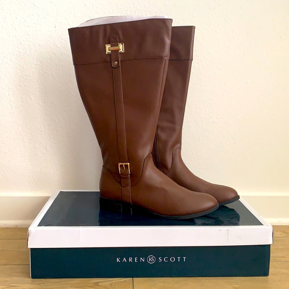 Karen Scott Cognac Riding Boot with Gold Detail - EXTRA WIDE CALF.